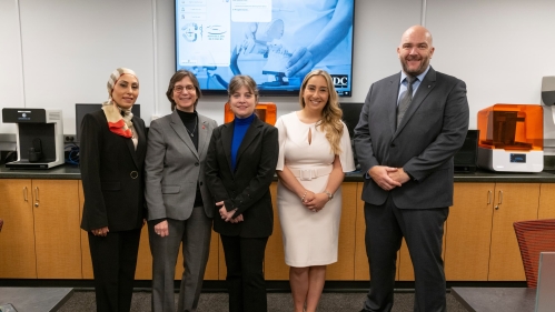 Heba Elkassaby and Dean Cecile Feldman, from the Rutgers School of Dental Medicine, with Candice Zemnick, Jessica Mitri, and Darren Littlefair, from Stoneglass Industries