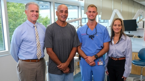rom left to right: Assistant Professor of Diagnostic Sciences and Group Practice Administrator John Moran; patient Glenn Ford, a former Army Medic; Brett Chappell (Class of 2025) and Patient Representative Marinelly Rodriguez. Photo: Anthony Grippa