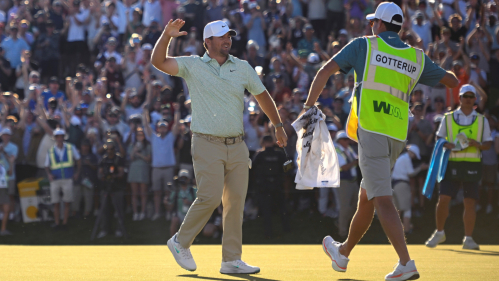 Rutgers alumnus Chris Gotterup goes into the Masters with two PGA Tour victories this season, including this win at the WM Phoenix Open in February. Photo by Alex Goodlett/Getty Images.