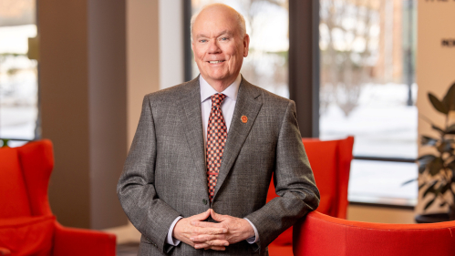 Rutgers Hall of Distinguished Alumni inductee James F. Dougherty RC’74, GSNB’75 in the Rutgers–New Brunswick Honors College on the College Avenue campus. Photo by John O’Boyle.