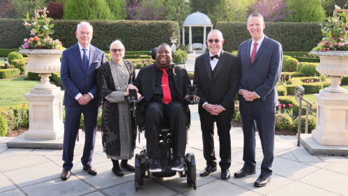 The newest members of the Rutgers Hall of Distinguished Alumni, from left, James F. Dougherty, Gloria A. Bachman, Eric LeGrand, James H. Rhodes, and Creighton Drury. Photos by John O’Boyle.