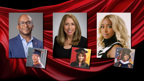 In recent photos and at Rutgers commencement ceremonies past, from left, Talib Morgan NCAS’96, RBS'98; Carla Davenport CCAS’87, GSBC’16; and Brittany S. Hale NCAS’09.