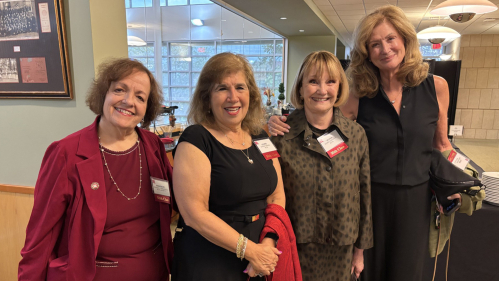 Members of the first class of women to graduate from Rutgers College 50 years ago celebrate together at the Pioneering Women of the Class of ’76 dinner at The Rutgers Club in Piscataway. Left to right, Judge Rosemary Gambardella, Laurie Nahum, Moira Abraham, and Linda Hoffa. Photo by Allison Freeman.