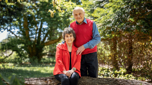 Distinguished Professor Joanna Burger, left, and Professor Emeritus Michael Gochfeld at Rutgers Gardens on the Cook/Douglass campus earlier this year. Photo by Chris Gutierrez