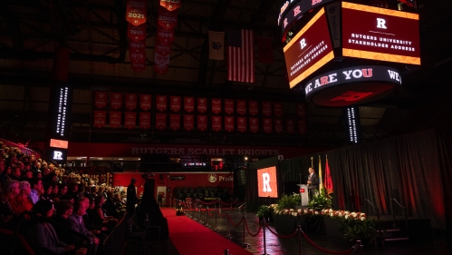 President Holloway at Jersey Mike's arena delivering Stakeholder address