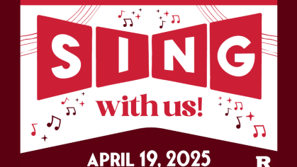 Banner that reads "Sing with us!" with "SING" in all caps. "Sing" is written in white on red squares with music notes in the back, The date of the event is at the bottom which is "April 19, 2025"