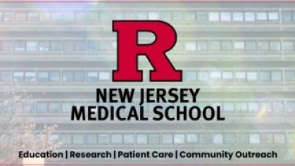 New Jersey Medical School Banner; Block "R" with New Jersey Medical School written beneath it over an image of the building