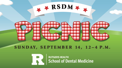 "RDSM Picnic Sunday, September 14, 2025 | 12:00 PM by the School og Dental Medicine" written over a cartoon landscape.