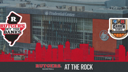 Rutgers on the Banks and Garden State Hardwood Classic logo above a red silhouette skyline. The Prudential Center is in the background