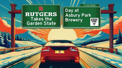 A red car driving into a winter horizon, going under two green road signs saying "Rutgers Takes the Garden State: Day at Asbury Park Brewery"