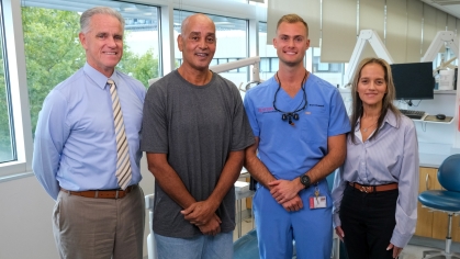 rom left to right: Assistant Professor of Diagnostic Sciences and Group Practice Administrator John Moran; patient Glenn Ford, a former Army Medic; Brett Chappell (Class of 2025) and Patient Representative Marinelly Rodriguez. Photo: Anthony Grippa 