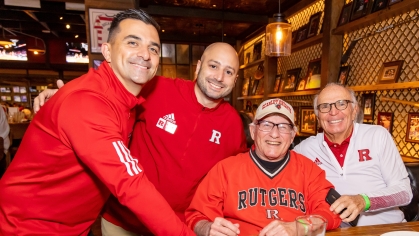 At Off the Banks in Las Vegas in November, pictured, from left, are Rutgers Interim Athletics Director Ryan Pisarri, Gabe Nunez of the R Fund, and former Scarlet Knights football players Bill Bennett RC’64 and Rich Novak RC’65.