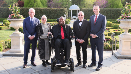 The newest members of the Rutgers Hall of Distinguished Alumni, from left, James F. Dougherty, Gloria A. Bachman, Eric LeGrand, James H. Rhodes, and Creighton Drury. Photos by John O’Boyle.
