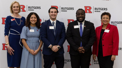 Left to right, Senior Associate Vice President of Development Beth Brody, students Janae Chavez Oyola, Joe Scamardella, and Esron Holder, and Rugers–Newark Chancellor Tonya Smith-Jackson enjoy the Celebration of Donor Impact. Photos by Maxim Ryazansky.