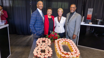 From left: Rutgers University President William F. Tate IV, Rutgers University–Newark Chancellor Tonya Smith-Jackson, Rutgers University Board of Governors Chair Amy L. Towers, and Rutgers University–Newark alumnus Richard Roper