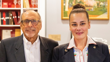 From left, Bob Fishman with Paula Pinto, a Rutgers–Camden student who benefitted from a scholarship he funded and named for his mother. Photos by Ron Downes Jr.