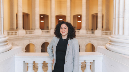 Karen Perez SPAA’26, pictured in the capitol building in Washington D.C., says “As a sophomore in high school, I knew that Rutgers was where I wanted to be.”