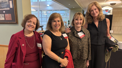 Members of the first class of women to graduate from Rutgers College 50 years ago celebrate together at the Pioneering Women of the Class of ’76 dinner at The Rutgers Club in Piscataway. Left to right, Judge Rosemary Gambardella, Laurie Nahum, Moira Abraham, and Linda Hoffa. Photo by Allison Freeman.