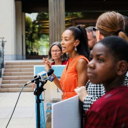 Odoms RC'02, NLAW'08 speaking to media in 2023  about an emergency action asking for children to be removed from the Louisiana State Penitentiary, known as Angola.