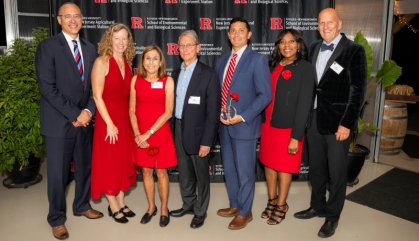 From left, Rutgers President Jonathan Holloway, SEBS Executive Dean Laura Lawson, Harriet Druskin, Robert Druskin, Johnson & Johnson Manger of Community Engagement Tommy Lobben, Rutgers New Brunswick–Chancellor Francine Conway, New Jersey Secretary of Agriculture Ed Wengryn.