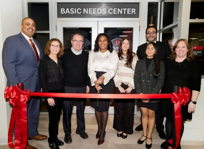 From left, Assistant Dean Phillip Smith, Stacey and Brian Reilly, Rutgers–New Brunswick Chancellor Francine Conway, students Lilly Sousa and Jodiefoss Ramos, Senior Vice Chancellor Salvador B. Mena, and Associate Dean Kerri Willson.