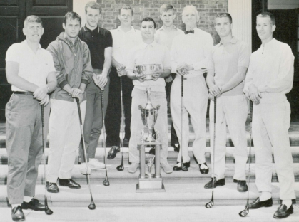 The 1963 men’s golf team on the steps of the College Avenue Gym with the Metropolitan Collegiate Golf Championship trophy. Billy Garbarini is in the center; Don White, who retired that year as golf and basketball coach after 18 years at Rutgers, is in the bow tie. 