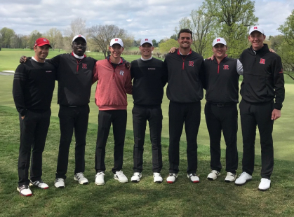 The Rutgers men’s golf team in 2018, from left, Coach Rob Shutte, Toks Pedro, Matt Holuta, &nbsp;Oliver Whatley,&nbsp;Jack Panagos, Gotterup,&nbsp;and Assistant Coach Austin Eoff.