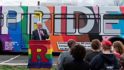 Dougherty spoke at the dedication of the university's first Pride Bus.