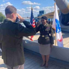 Brigadier General Cindy Saladin-Muhammad at her promotion ceremony conducted on USS Battleship New Jersey on Sept. 24, receiving her first salute as a general.