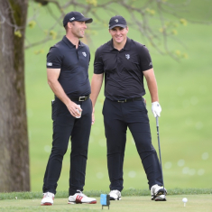 Rutgers Golf Coach Rob Shutte, left, with Gotterup at the 2019 Big Ten Championships.