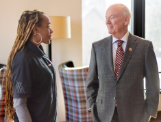 Rutgers-New Brunswick Honors College sophomore Nkosazana Burke-Douglas with Dougherty in the Dougherty Study lounge. Photo by John O’Boyle.