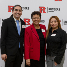Chancellor Smith-Jackson with scholarship recipients Yarddy Jonamillo of Newark and Abegail Nunez of Middlesex.