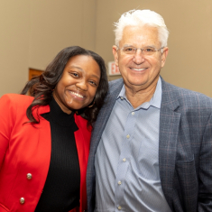 Oliver with Steve Selfridge SBC’79, one of the many scholarship donors she thanked at the reception. Selfridge is the first executive-in-residence at the School of Business–Camden and a member of the Dean’s Leadership Council.