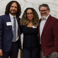  De Sousa Lobo, center, is pictured with HLLC Dean of Advisement Englebert Santana, left, and HLLC Dean Jason Cortes, right. Photo by Maxim Ryazansky.