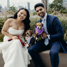 Liang and her husband Amir Ahmed pose with dogs Loki and Bambi after their wedding in 2024. They went on their honeymoon in Japan.