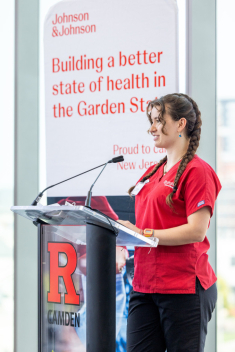 Rutgers School of Nursing–Camden student Julianna Zimm spoke with those gathered, sharing her gratitude for the donation made by Johnson & Johnson and emphasizing the importance of the hands-on learning provided by the updated simulation lab to the overall development of nursing students. Photo Credit: John O'Boyle