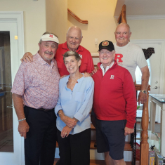 (Clockwise from left) Dutch at a recent Rutgers fraternity/football reunion with John Niemyer RC’69, Maurice “Mo” Hill RC’69, John Langenus RC’70, and Jill Savino, widow of Peter Savino RC’69, Rutgers quarterback for two years and Dutch’s roommate for four years who later became an assistant football coach for Rutgers. These four former players have contributed to the Peter J. Savino Memorial Endowed Athletic Scholarship in honor of their late friend and teammate.